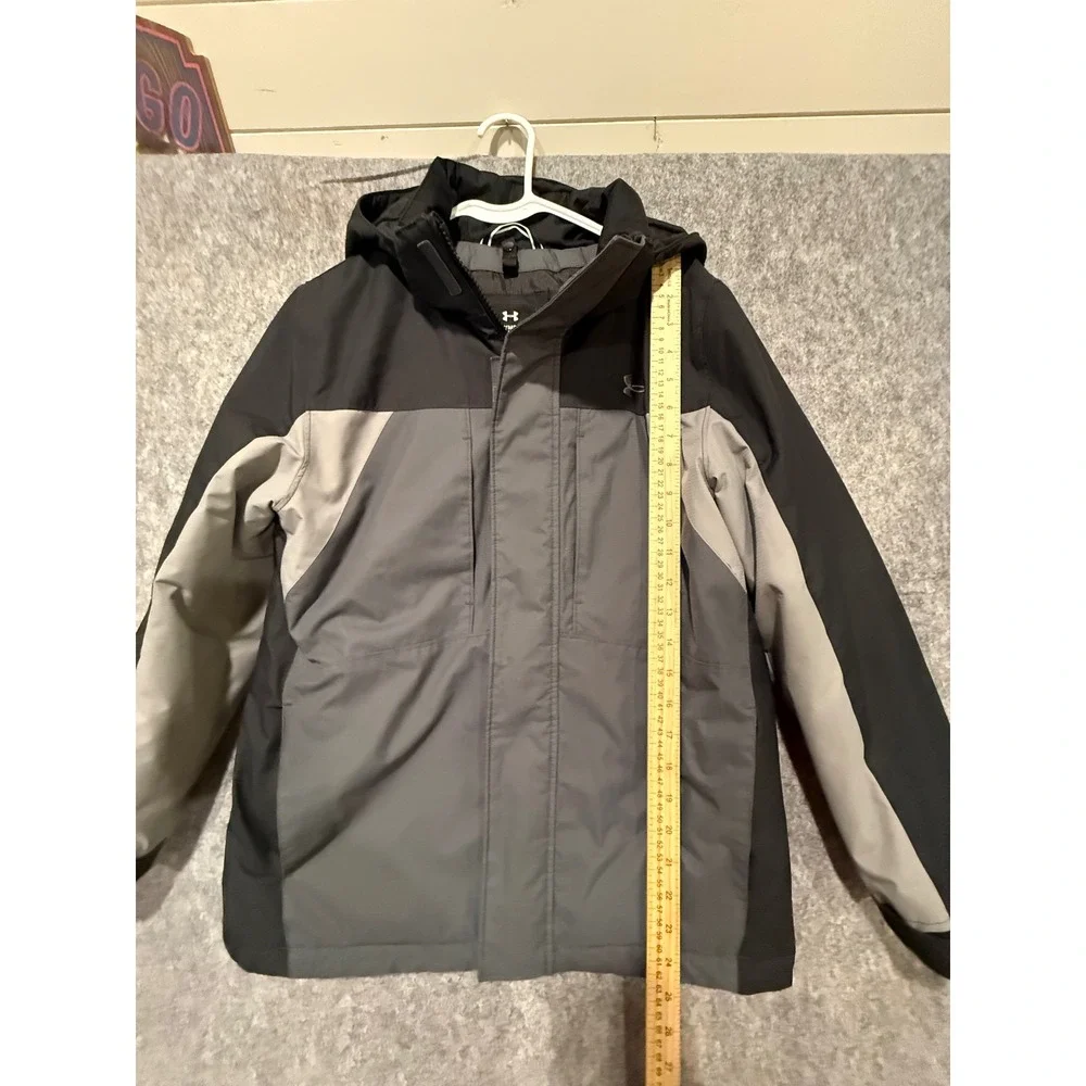 Under Armour ColdGear Youth Medium YMD Boys Hooded Winter Jacket Black Grey Coat